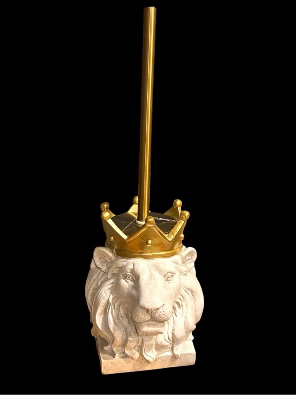Lion Head w Gold Metallic Tone Crown Toilet Brush Holder White Stone Look Resin